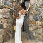 Boho Chic Women Floor-Length Fishtail Dress White Lace Elegant Sexy Sleeveless Bodycon Maxi Dress Summer Clubwear