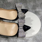 Black Patent Pointy Toe High Heel Shoes with Glitter Diamante Bow for Women