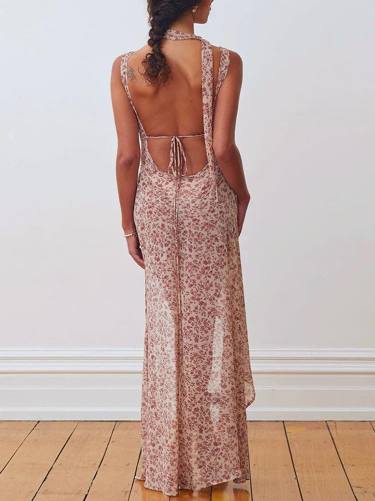 Halter Neck Ditsy Floral Print Tie Back Shoulder Streamer Backless Maxi Dress