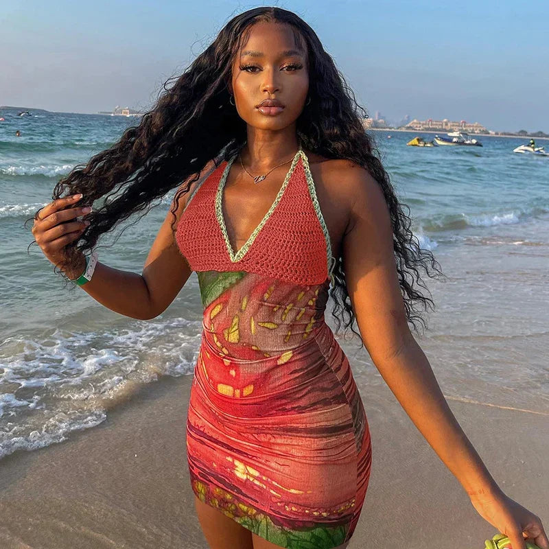 Crochet Halter Abstract Print Bodycon Mini Dress