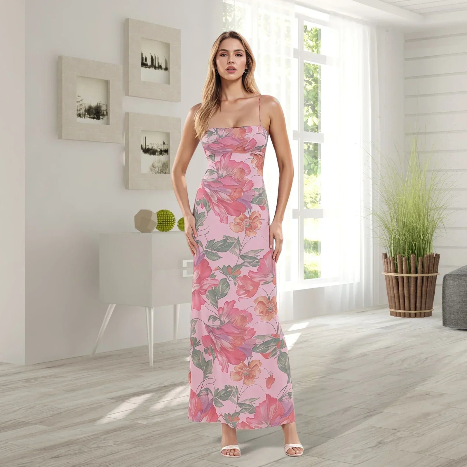 Square Neck Spaghetti Strap Floral Print Bodycon Maxi Dress
