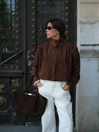 Retro Brown Suede Short Jacket Elegant Women Stand Collar Full Sleeves Single Breasteds Loose Coats Autumn Chic Lady Street Wear