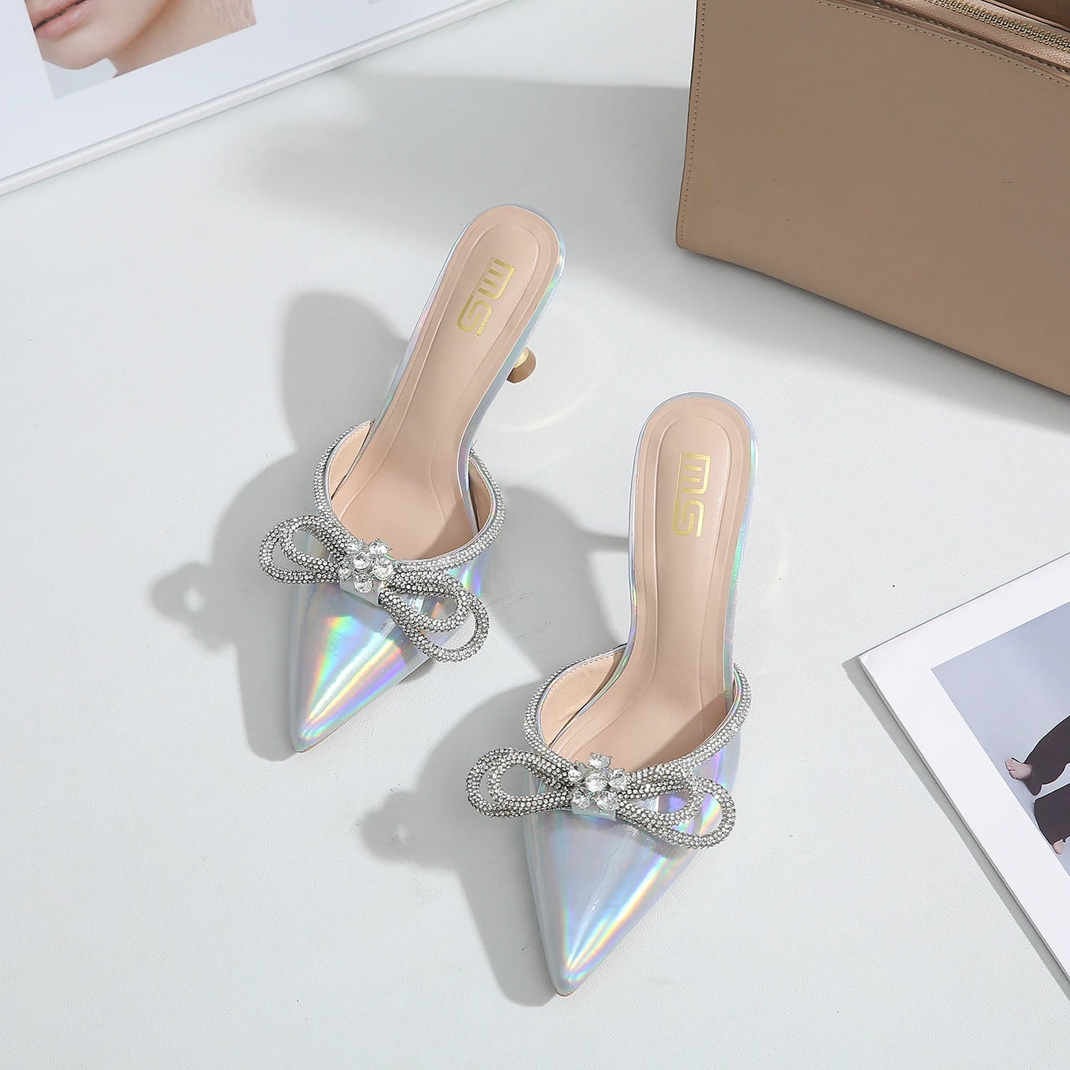 Summer rhinestone bow sandals with pointed semi-slippers and thin heels
