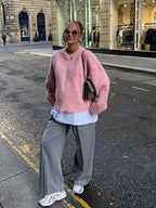 Casual Oversize Pink Women's Cashmere Base Sweater Fashion Long Sleeve Solid Round Collar Pullover New Lady High Streetwear