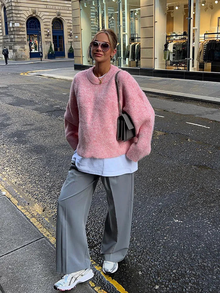 Casual Oversize Pink Women's Cashmere Base Sweater Fashion Long Sleeve Solid Round Collar Pullover New Lady High Streetwear