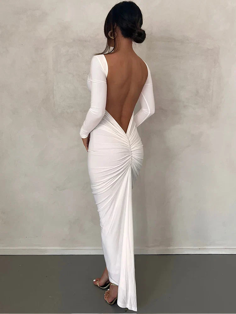 Long Sleeve Plunging Open Back Ruched Bodycon Maxi Dress