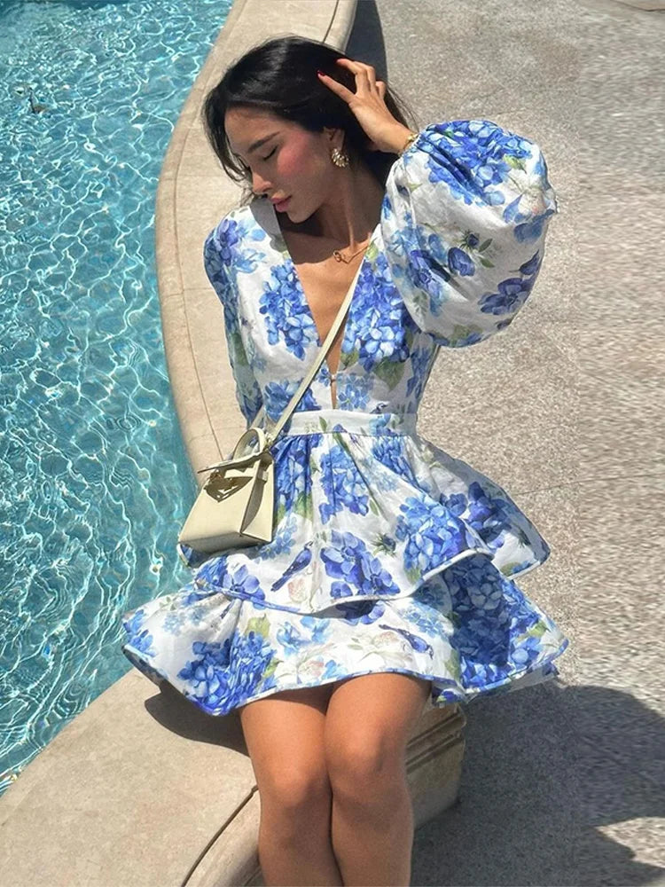 Floral Print Deep V-Neck Puff Sleeve Tiered Ruffle Mini Dress
