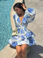 Floral Print Deep V-Neck Puff Sleeve Tiered Ruffle Mini Dress