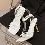 Narrow Band Square Toe Sandals with Ankle Buckle Strap High Heels for Women
