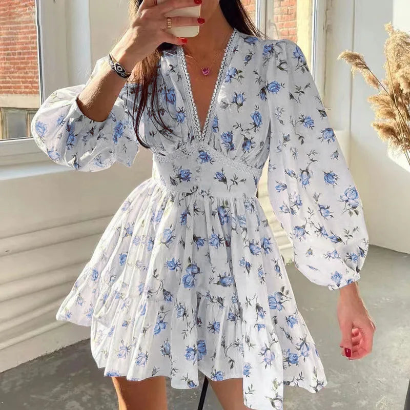 Ditsy Floral Print Lace Trim Puff Sleeve Tiered Ruffle Hem Mini Dress