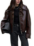 High Street Loose Female PU Coat Casual Zipper Slim High Waist Long Sleeve Patchwork Fashion Clothes Women Autumn Outwear