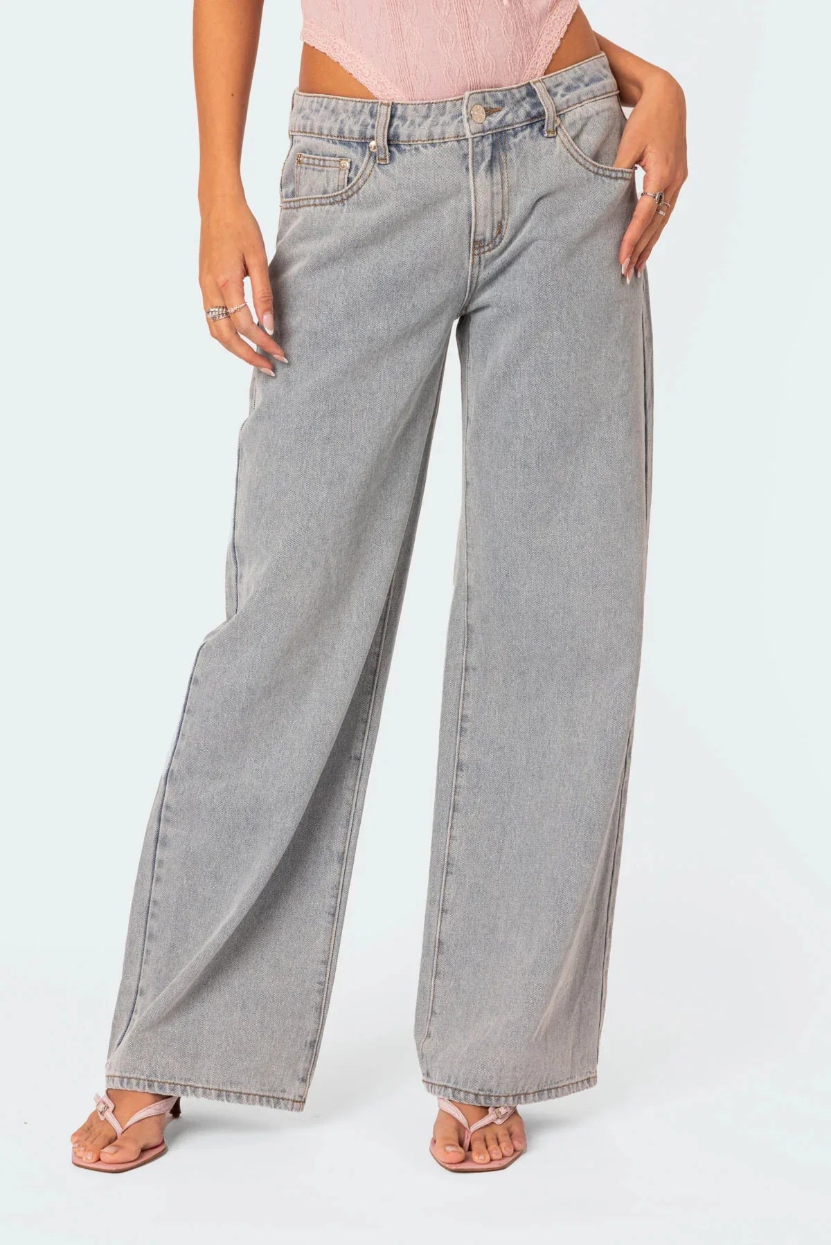 Bow Embroidered Wide Leg Jeans High Waisted Casual Women's Straight Leg Pants