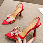 Crystal Butterfly-knot Sandals Women Pointed Toe High Heels Shoes