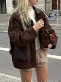 Fashion Lady Lapel Collar Pocket Woolen Short Coats Vintage Long Sleeve Solid Loose Women's Jackets Warm Winter Streetwear