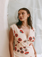 V-Neck Lace Trim Tomato Print Sleeveless Bodycon Midi Dress