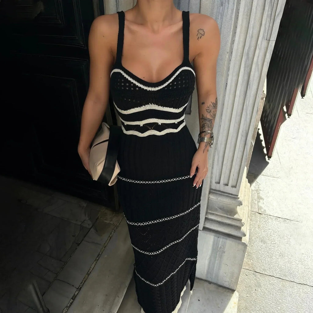 Striped Knit Scoop Neck Open Crochet Panel Midi Dress