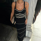 Striped Knit Scoop Neck Open Crochet Panel Midi Dress