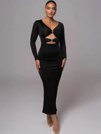 V-Neck Long Sleeve Ring Hardware Cut Out Bodycon Maxi Dress