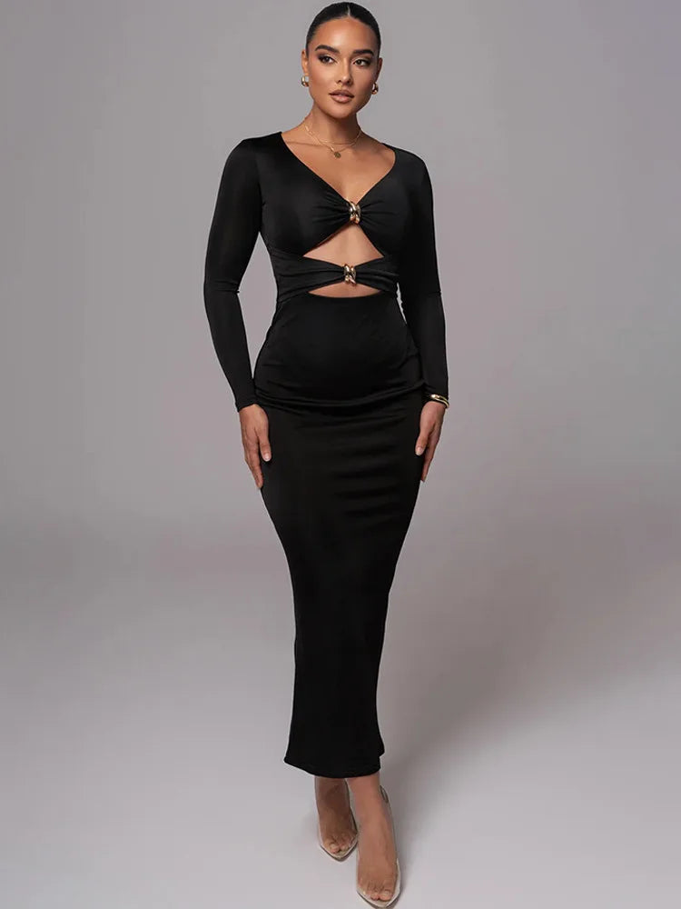 V-Neck Long Sleeve Ring Hardware Cut Out Bodycon Maxi Dress
