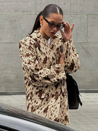 Vintage Leopard Print Woman Blazer Jacket Fashion Lapel Single Breasted Pockets Long Sleeve Coat Lady Fall Office Outerwear