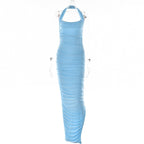 Strapless Cowl Neck Ruched Side Slit Bodycon Maxi Dress
