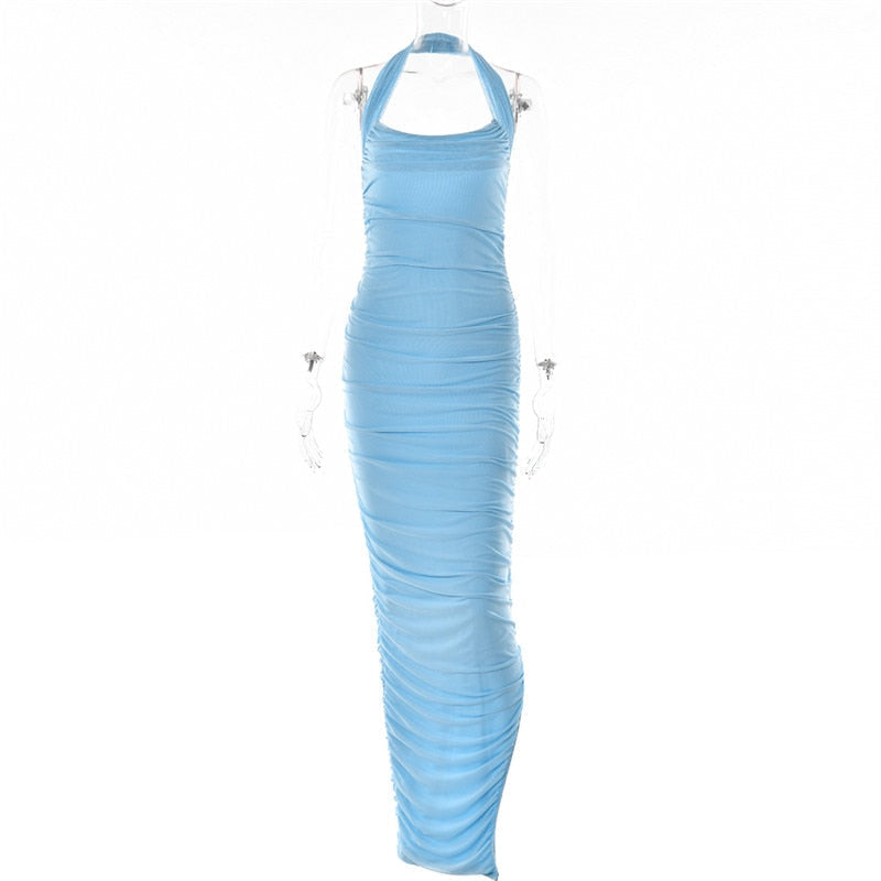 Strapless Cowl Neck Ruched Side Slit Bodycon Maxi Dress