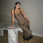 Lace Floral Overlay Spaghetti Strap Scoop Neck Ruffle Hem Midi Dress