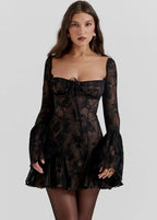 Square Neck Lace Bell Sleeve Tie Front Bustier Fit and Flare Mini Dress