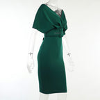 Off Shoulder Draped Cap Sleeve Wrap Belt Grommet Bodycon Midi Dress