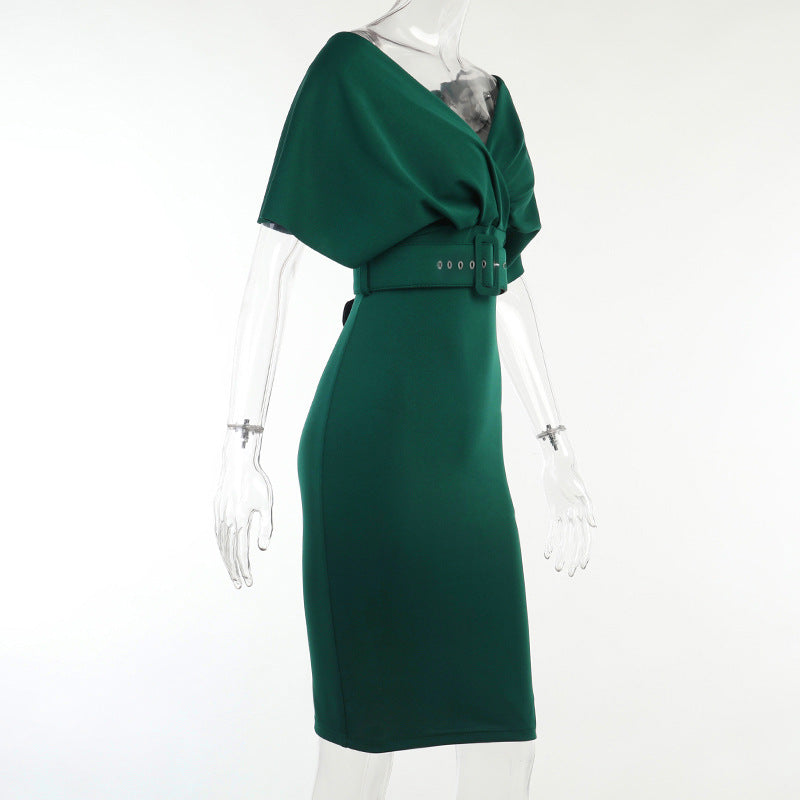 Off Shoulder Draped Cap Sleeve Wrap Belt Grommet Bodycon Midi Dress