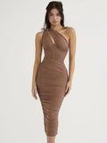 One Shoulder Corset Bodice Ruched Bodycon Midi Dress