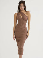 One Shoulder Corset Bodice Ruched Bodycon Midi Dress