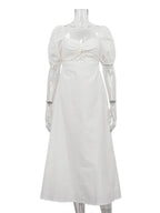 White Square Collar Puff Sleeve Long Dress For Women Slim A-Line Twist Hollow Out Cotton Elegant Dresses Autumn Fashion
