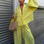 Casual V Neck Lace Up Top and Pants 2 Piece Set New Spring Long Sleeved Loose Suit Simple Solid Color High Street Women Outfits