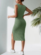 Rib Knit Scoop Neck Sleeveless High Slit Midi Dress