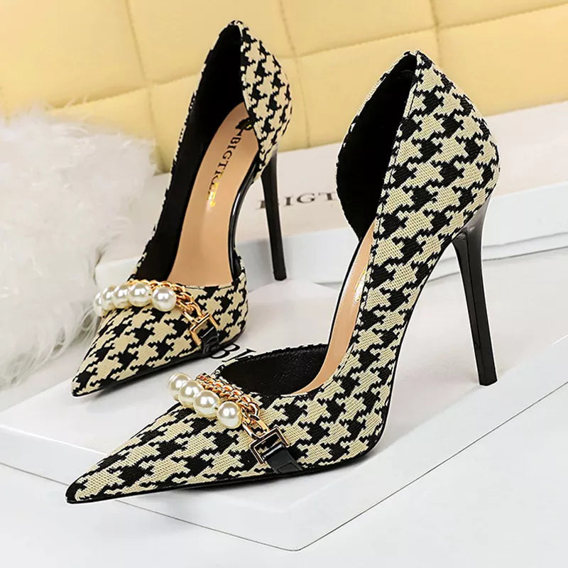 Spring Pearl Metal Chain High-heels Checked Grain Stilettos Women