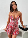 Floral Print Spaghetti Strap Deep V-Neck Surplice Pleated Fit and Flare Mini Dress