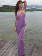 Velvet Floral Lace Panel Deep V Neck Halter Maxi Dress