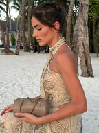Strapless Embroidered Swirl Pattern Neck Scarf Column Maxi Dress