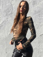 Camouflage Print Mesh See Through Long Sleeve Sheer Top