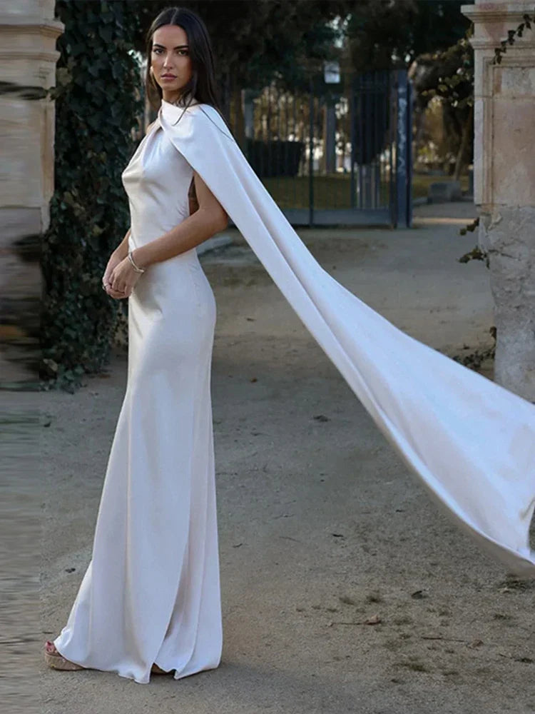 Satin Halter Neck Draped Sash Panel Column Maxi Dress
