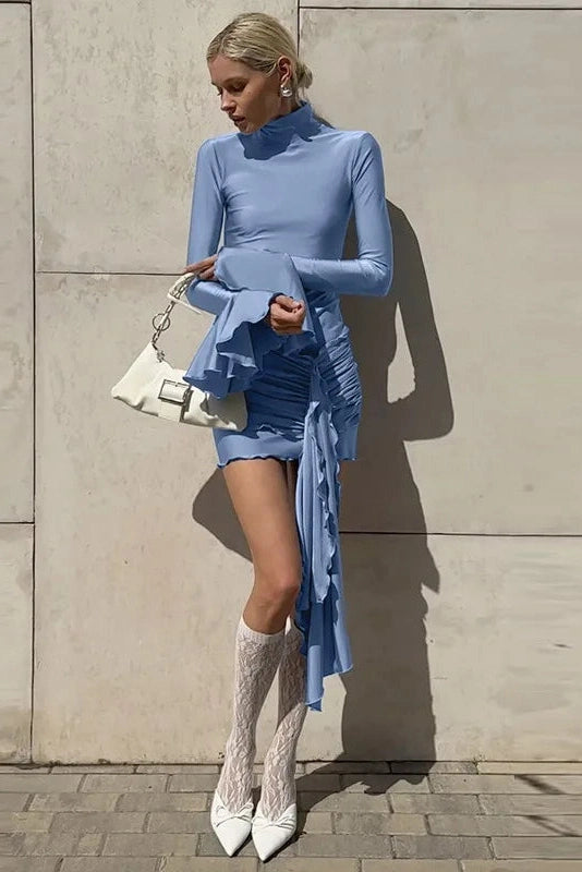 Elegant Pleated Long Sleeve Patchwork Mini Dress - Patchwork Mini Dress