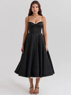 Lace Trim Corset Spaghetti Strap Tulle Underlay Full Skirt Midi Dress