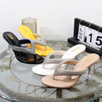 Autumn flip flops with transparent high heels and rhinestone embellishments for women's outdoor wear.