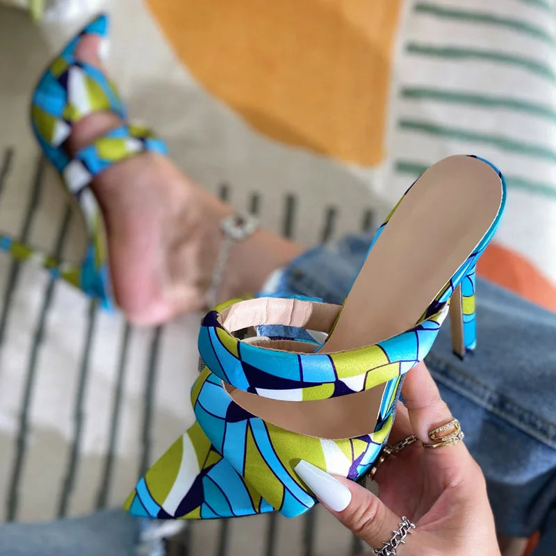 Golded High Heels Narrow Band Women Slippers