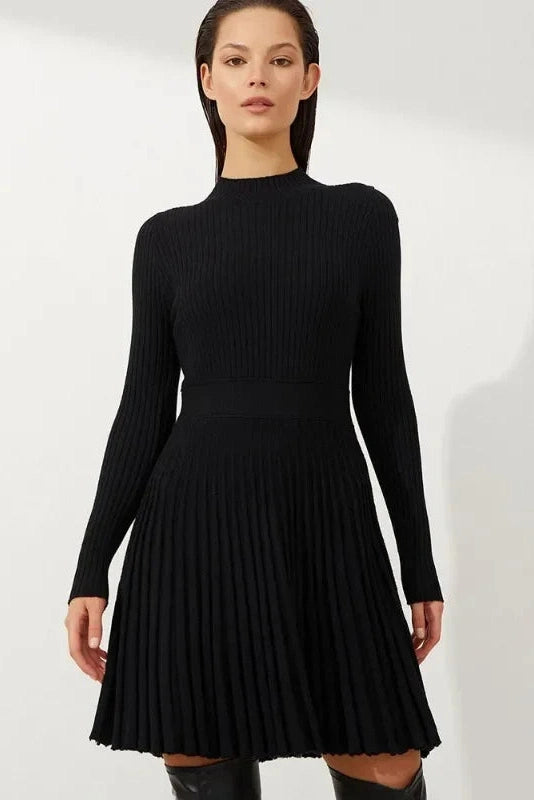 Pleated Slim Long Sleeve A-Line Mini Dress