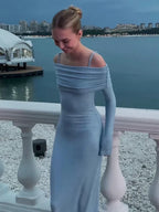 Elegant Solid Off Shoulder Long Dress Women Sexy Bodycon Full Sleeves Party Dresses 2024 Summer Autumn Slim Lady Casual Robes