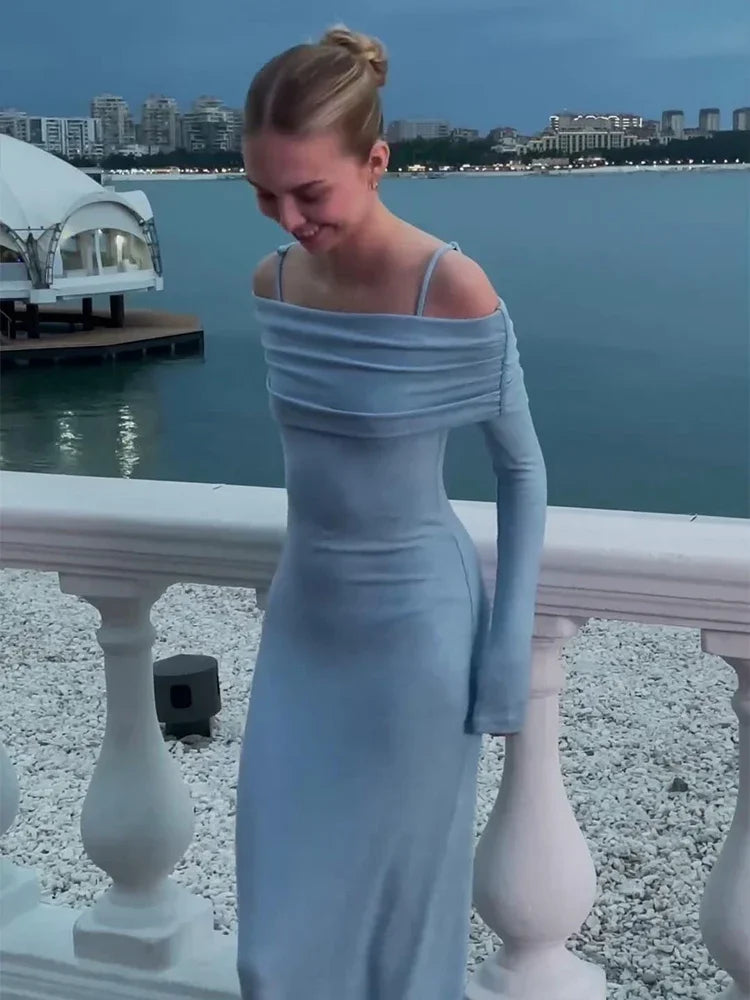 Elegant Solid Off Shoulder Long Dress Women Sexy Bodycon Full Sleeves Party Dresses 2024 Summer Autumn Slim Lady Casual Robes