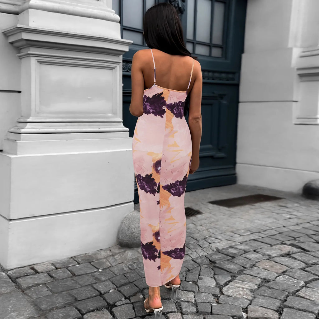 Spaghetti Strap Scoop Neck Abstract Floral Print Side Ruched Bodycon Midi Dress