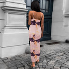 Spaghetti Strap Scoop Neck Abstract Floral Print Side Ruched Bodycon Midi Dress
